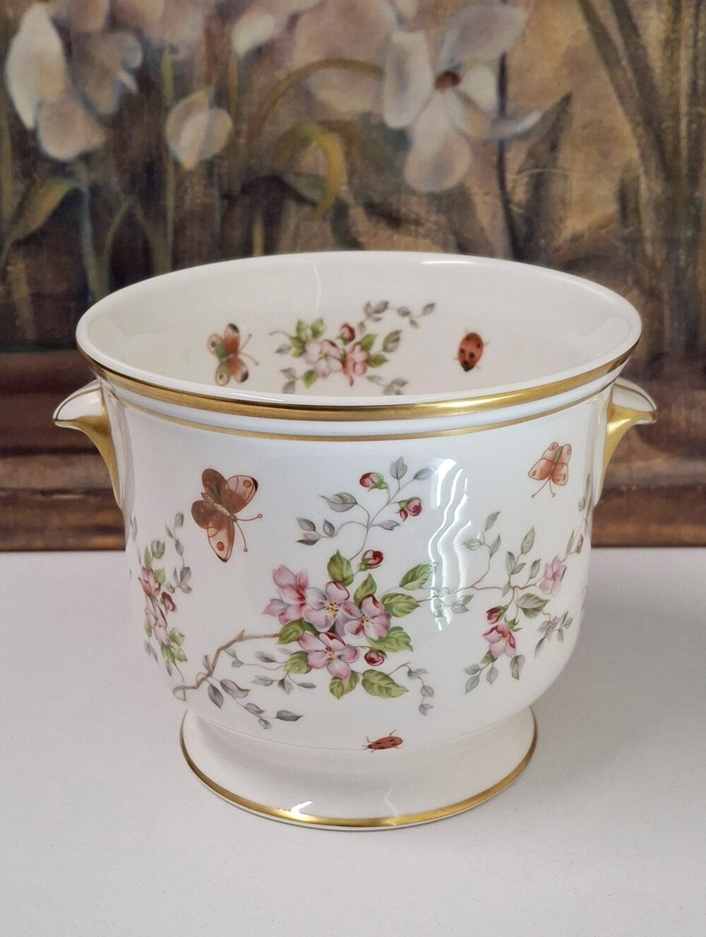 Sturbridge Fine Bone China Cache Pot/Planter Floral Butterfly Design, Gold Rim